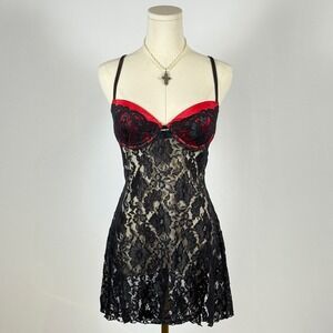 Hilliard Hanson Intimate Black Lace Red Trim Corset Babydoll Chemise M